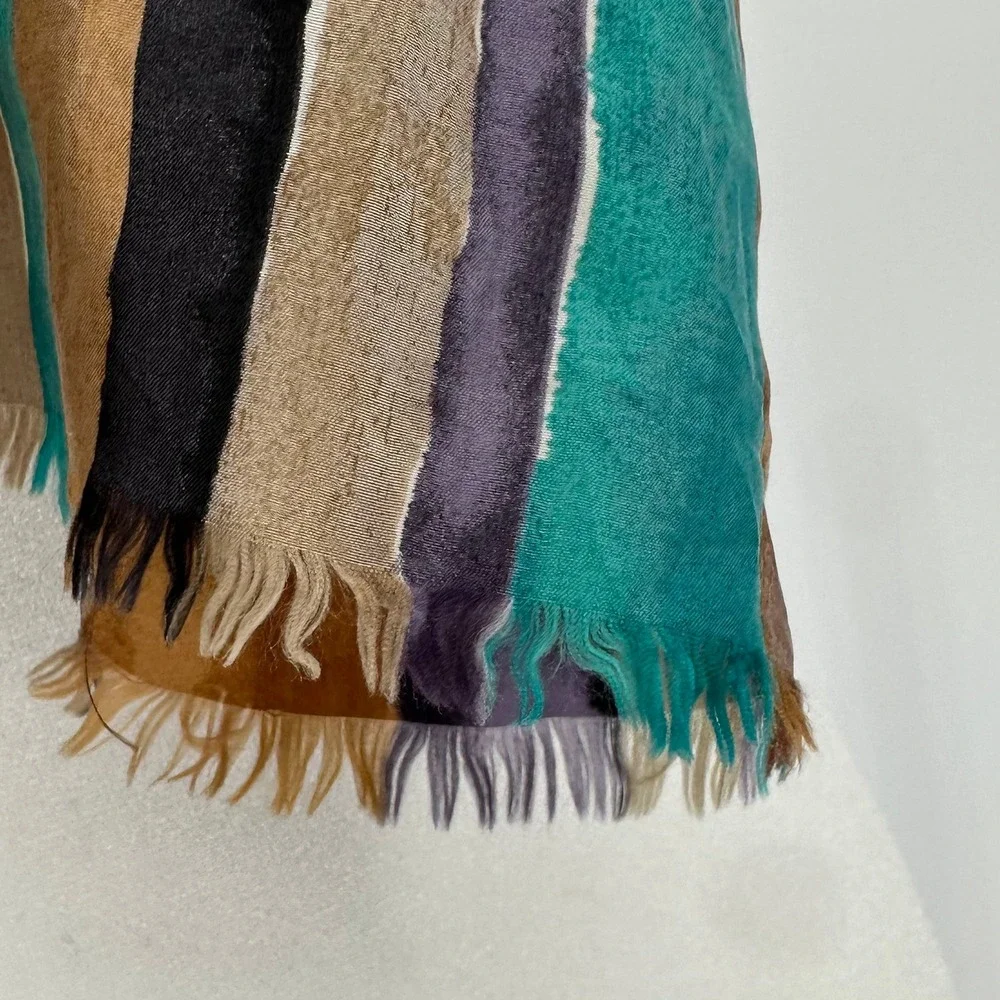 Vintage New STU Silk Fringe Scarf Wrap Stole Gold Teal Stripes 42 x 10